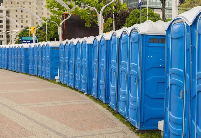 hygienic portable restrooms lined up at a beach party, ensuring guests have access to the necessary facilities while enjoying the sun and sand in East Sparta